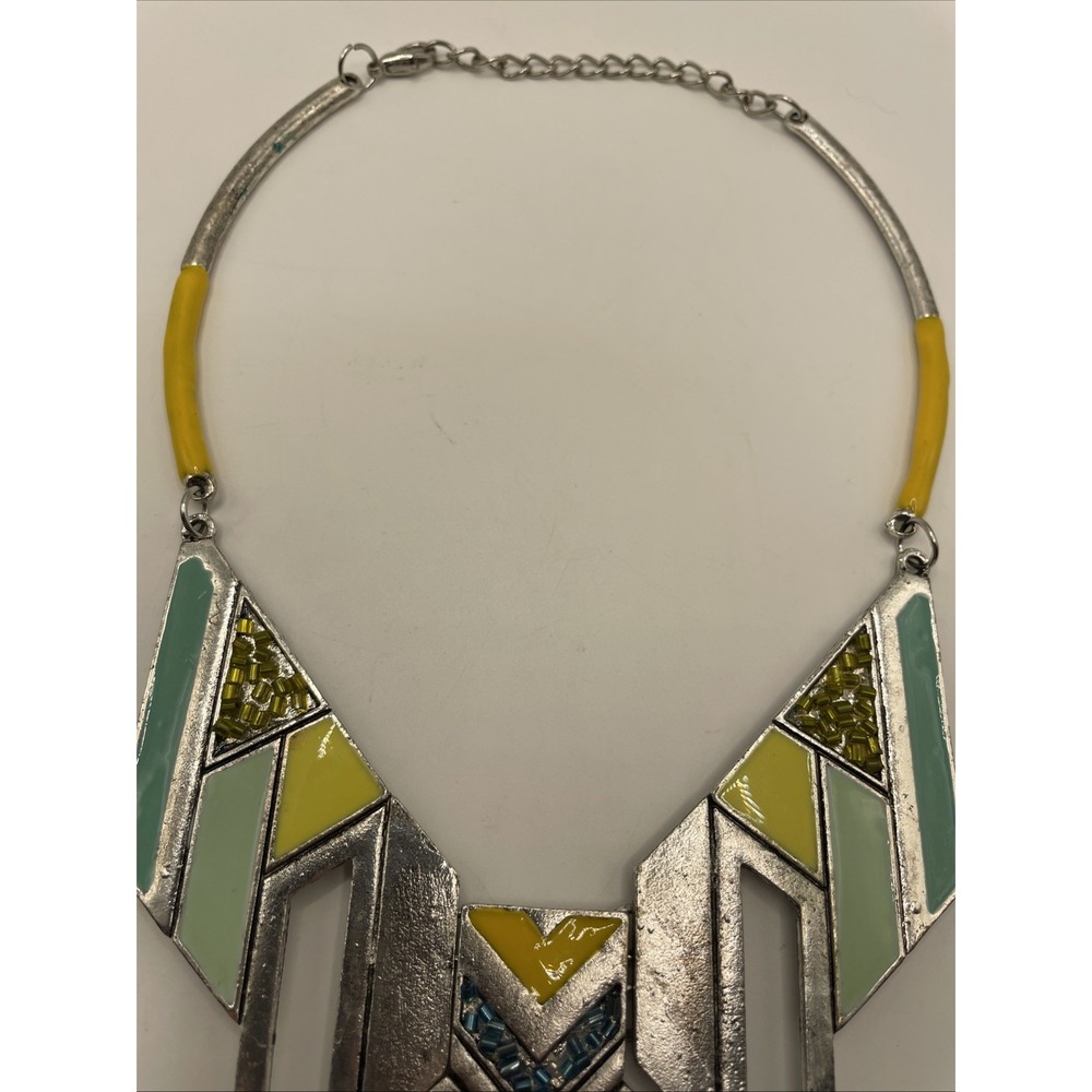 Geometric Silver Tone Aztec Yellow Teal Enamel Statement Necklace Collar - Picture 3 of 4